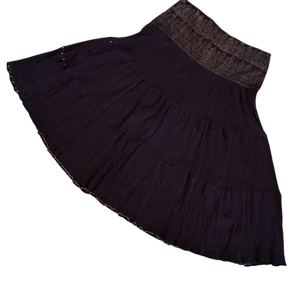 VTG 90s Whimsigoth Boho Black Maxi Skirt Gold Peasant Cotton Hippie Festival XL - Picture 7 of 7